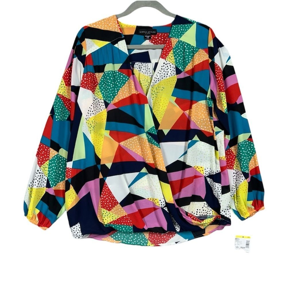 NEW Simply Styled Retro Print Crossover Long Sleeve Geometric Blouse Sz L Multi
